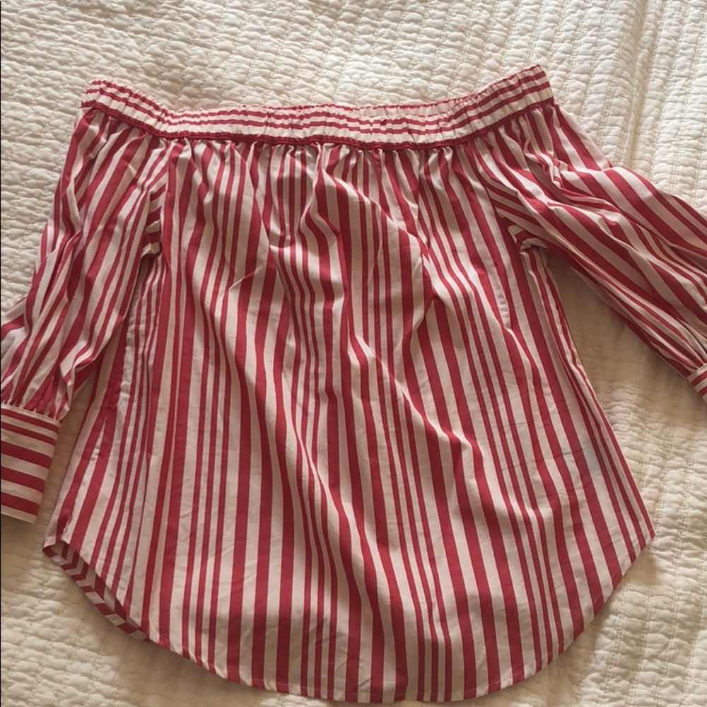 Red and white stripe off the shoulder top